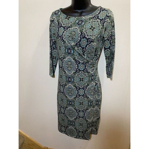 Talbots Womens Size Petite Green Medallion Ruched Side Faux Wrap Sheath Dress - Picture 1 of 8